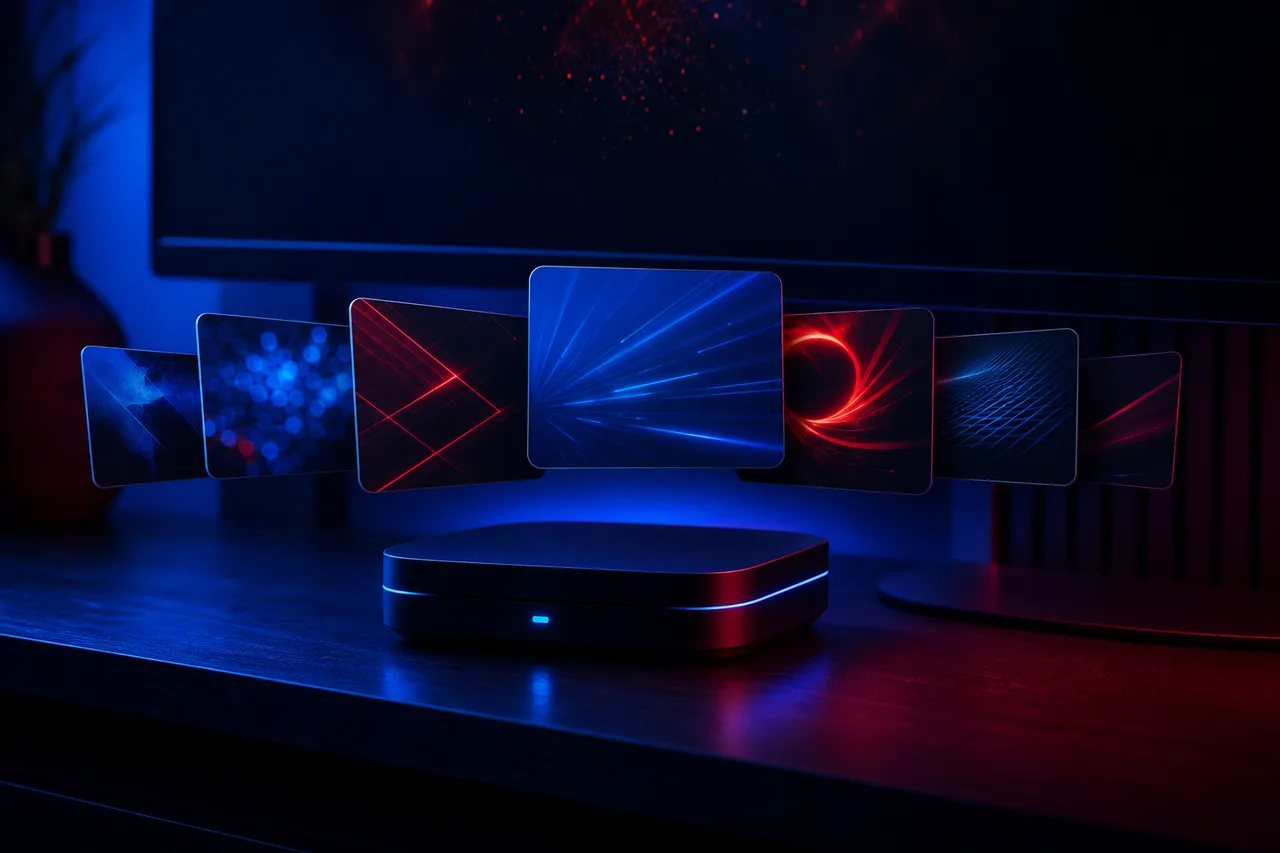 Boîtier Android TV branché derrière un téléviseur, télécommande posée sur le meuble