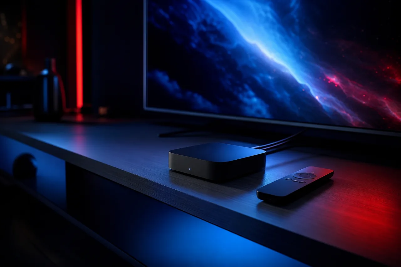 Apple TV et iPhone posés près d'un téléviseur affichant un lecteur IPTV