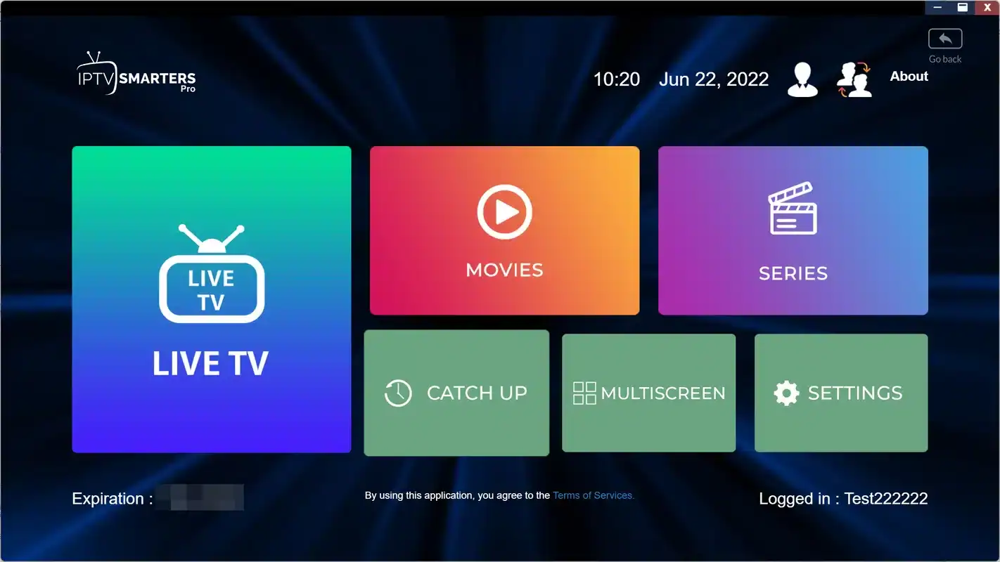 Écran d'accueil d'IPTV Smarters Pro avec les sections télé en direct, films et séries